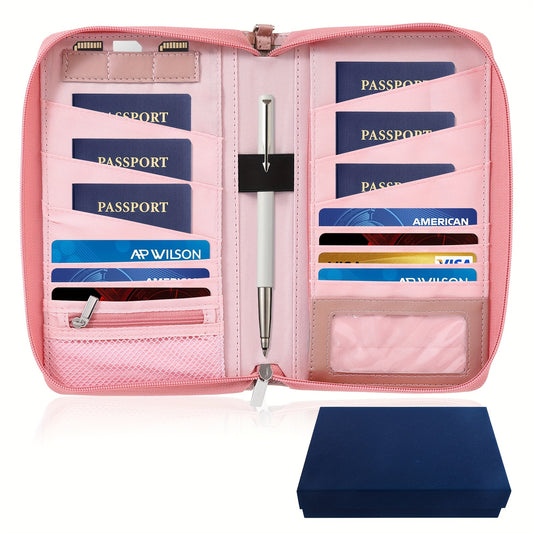 KISSKI RFID Blocking Waterproof Faux Leather Passport Holder for Family - Large Capacity Travel Document Organizer with Multiple Compartments, Credit Card Slots & Pen Holder, Lightweight Pink Travel Wallet