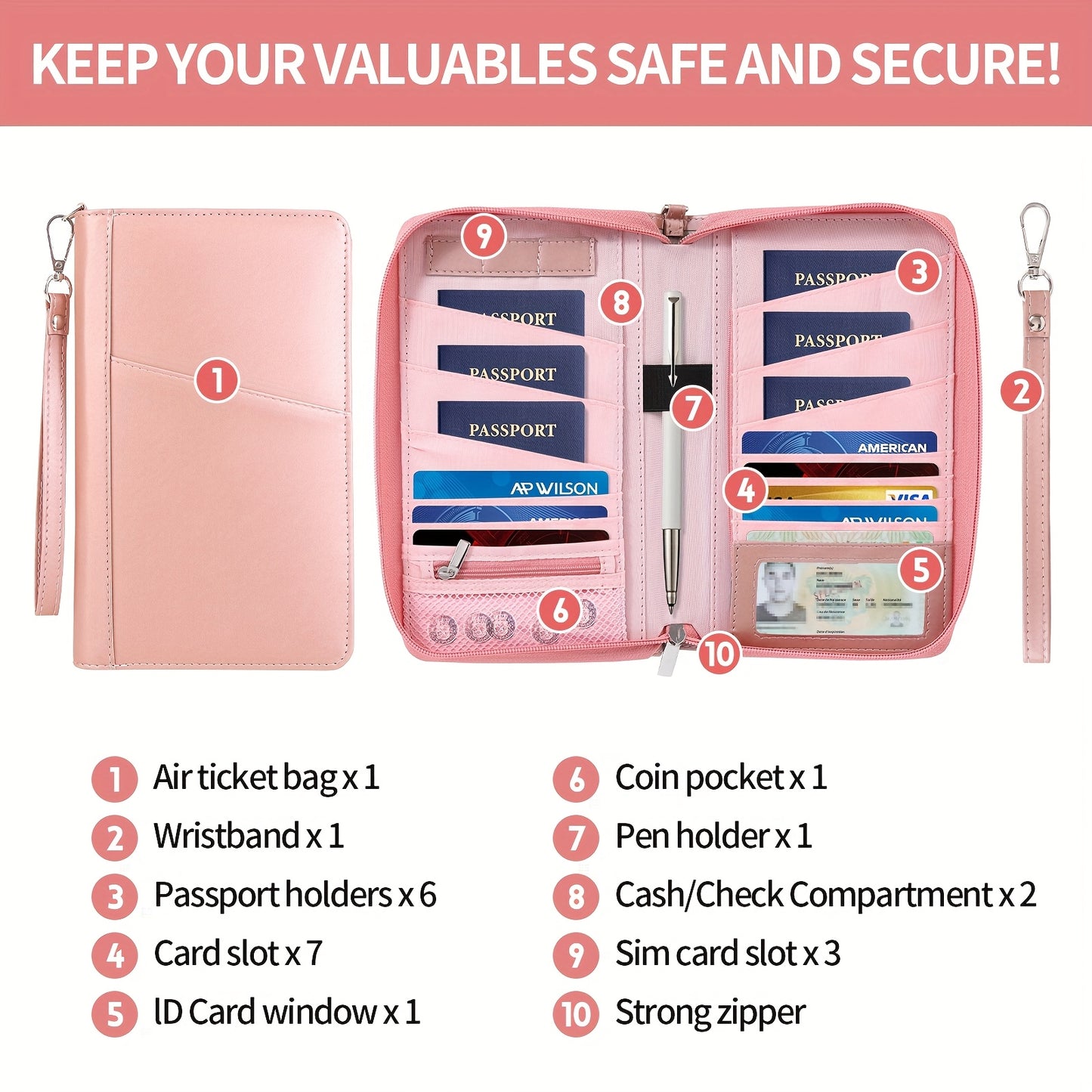 KISSKI RFID Blocking Waterproof Faux Leather Passport Holder for Family - Large Capacity Travel Document Organizer with Multiple Compartments, Credit Card Slots & Pen Holder, Lightweight Pink Travel Wallet