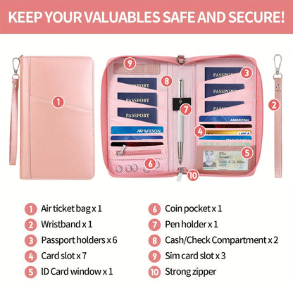 KISSKI RFID Blocking Waterproof Faux Leather Passport Holder for Family - Large Capacity Travel Document Organizer with Multiple Compartments, Credit Card Slots & Pen Holder, Lightweight Pink Travel Wallet