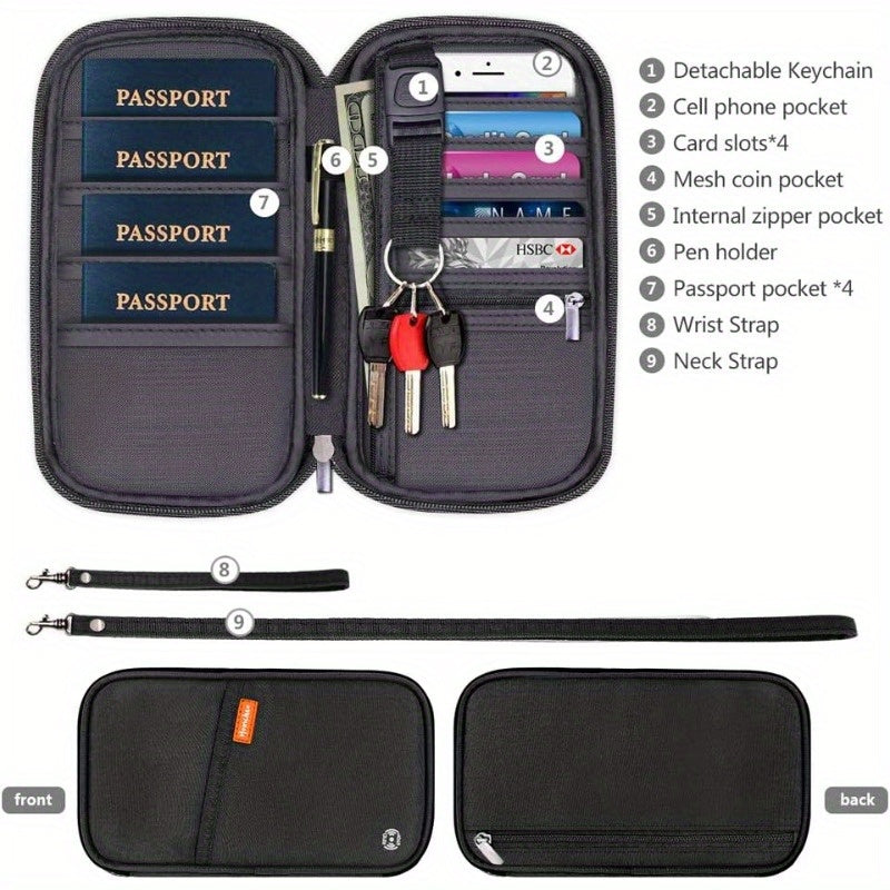 RFID Blocking Waterproof Passport Wallet Holder – Black Travel Document Organizer with Multiple Compartments, Credit Card Clutch Bag for Men and Women, Secure Travel Accessory | Sleek Wallet | Durable Zipper Closure