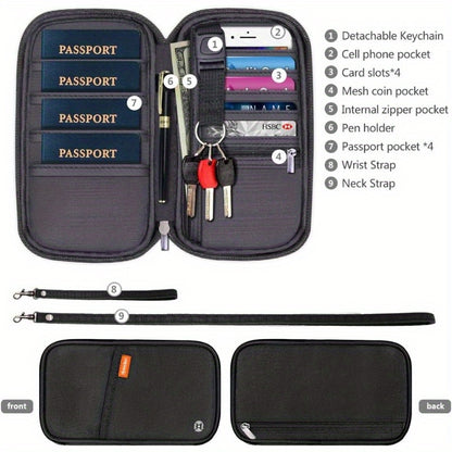 RFID Blocking Waterproof Passport Wallet Holder – Black Travel Document Organizer with Multiple Compartments, Credit Card Clutch Bag for Men and Women, Secure Travel Accessory | Sleek Wallet | Durable Zipper Closure