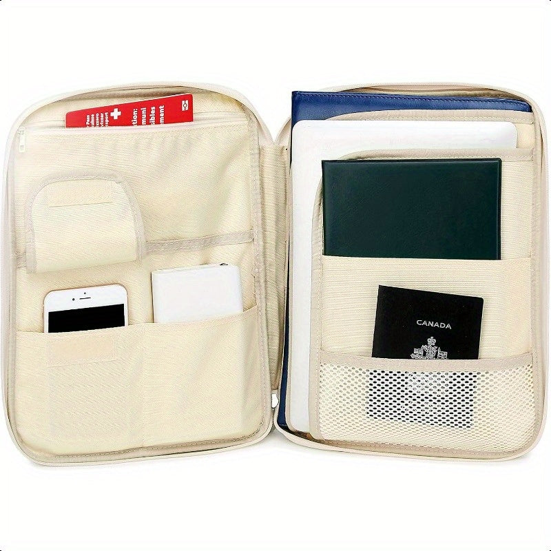 Dark Blue Travel Document Organizer - A4 Zipper Portfolio with Multiple Compartments, Durable Fabric & Ergonomic Handle for Business Travel, Office, School - Compact Portable File Holder, School Supply Storage, Smooth Texture Finish