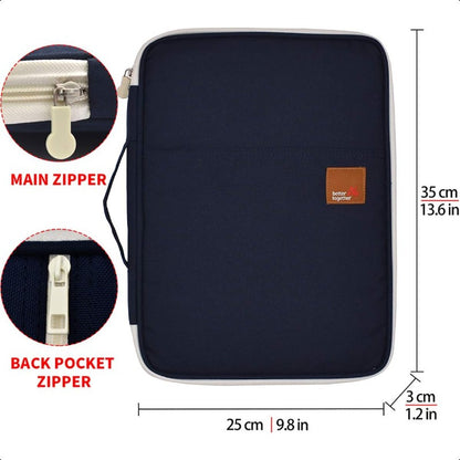 Dark Blue Travel Document Organizer - A4 Zipper Portfolio with Multiple Compartments, Durable Fabric & Ergonomic Handle for Business Travel, Office, School - Compact Portable File Holder, School Supply Storage, Smooth Texture Finish