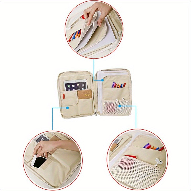 Dark Blue Travel Document Organizer - A4 Zipper Portfolio with Multiple Compartments, Durable Fabric & Ergonomic Handle for Business Travel, Office, School - Compact Portable File Holder, School Supply Storage, Smooth Texture Finish