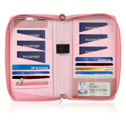 KISSKI RFID Blocking Waterproof Faux Leather Passport Holder for Family - Large Capacity Travel Document Organizer with Multiple Compartments, Credit Card Slots & Pen Holder, Lightweight Pink Travel Wallet