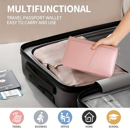 KISSKI RFID Blocking Waterproof Faux Leather Passport Holder for Family - Large Capacity Travel Document Organizer with Multiple Compartments, Credit Card Slots & Pen Holder, Lightweight Pink Travel Wallet